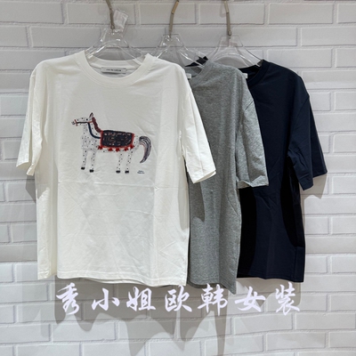 欧洲站2026春季OVER百搭圆领宽松休闲卡通印花短袖T恤女上衣70130