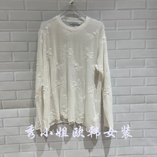 欧洲站2026春季新over时尚百搭圆领长袖蕾丝拼接T恤女上衣潮70170