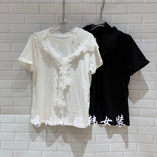 欧洲站2026春新JVC时尚 T恤女宽松显瘦89064 百搭圆领蕾丝披肩短袖