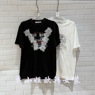 欧洲站2026春季 T恤女宽松显瘦上衣潮70229 新over圆领蕾丝拼接短袖