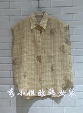 欧洲站2026夏季新款格纹无袖衬衫单排扣翻领宽松百搭衬衫女3033