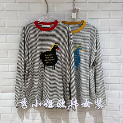 欧洲站2026春季over时尚百搭圆领长袖卡通印花条纹T恤女上衣70122