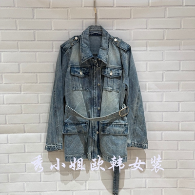 欧洲站2026春季新款时尚百搭翻领系腰带收腰牛仔外套女上衣06112