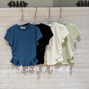 短款 欧洲站2026春季 新款 PH23百搭圆领净版 T恤5402 侧褶皱显瘦短袖