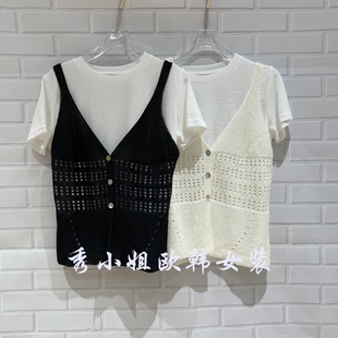 百搭镂空针织背心短袖 JVC时尚 T恤女潮89060 新款 欧洲站2026春季