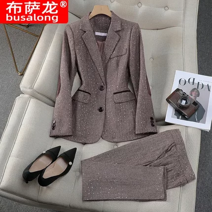 2024年秋冬季新款灰色职业高端长袖西装外套女裙子两件套装气质潮