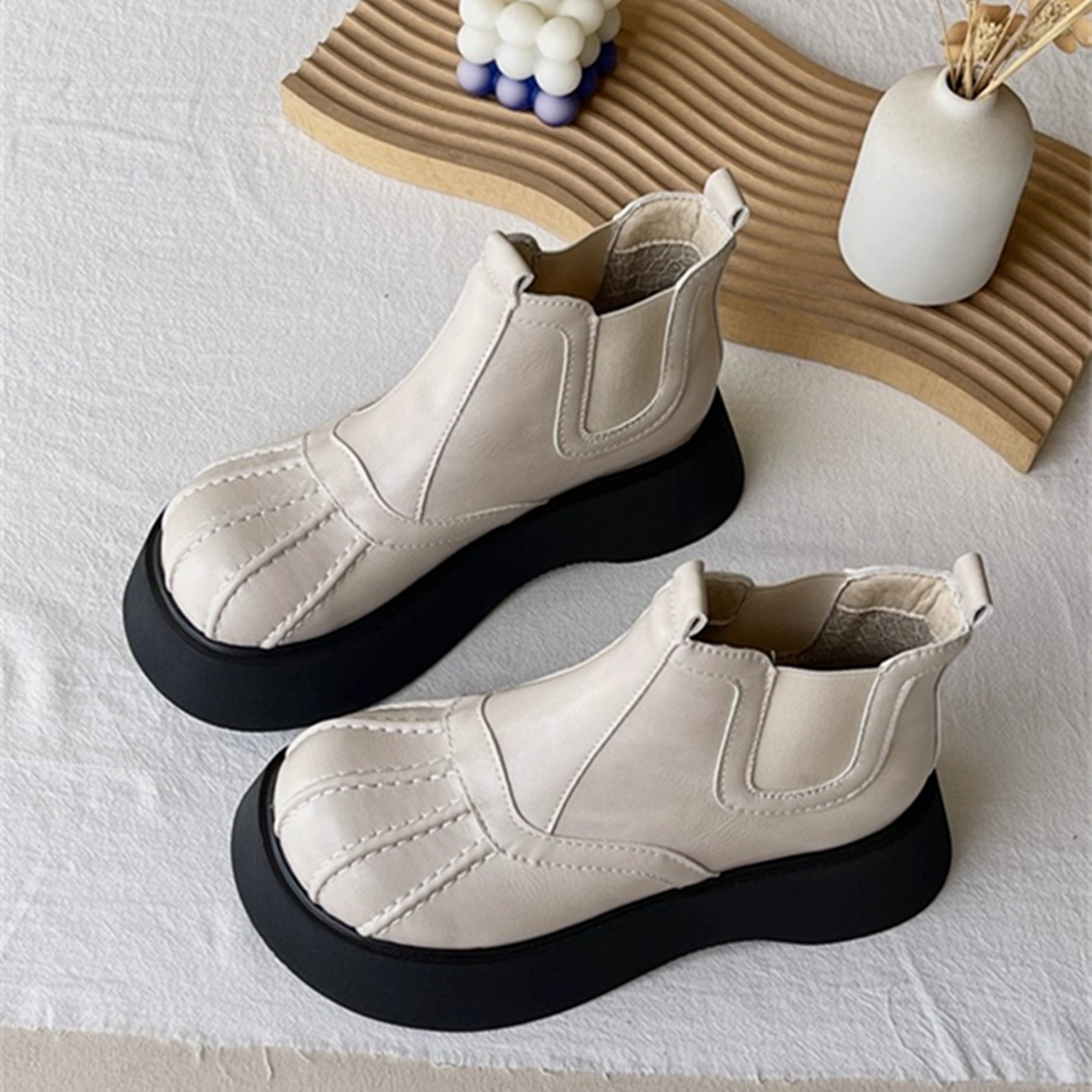 马丁靴增高厚底贝壳头加绒棉靴