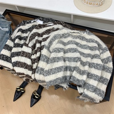 针织衫秋季慵懒风条纹撞色长袖 新款套头宽松上衣女 J#3