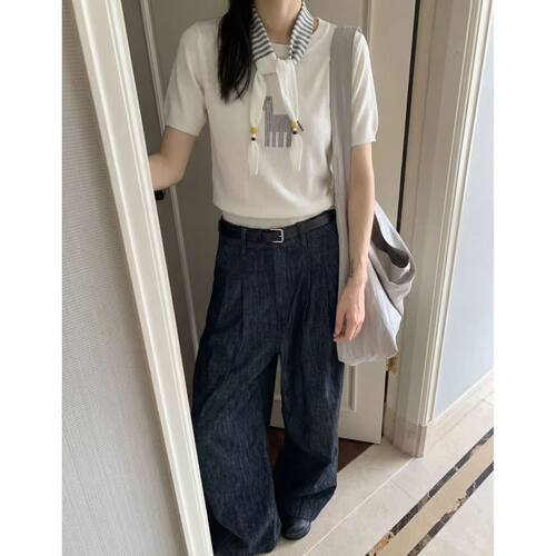 韩版圆领短袖针织衫女条纹系带百搭漂亮可爱减龄上衣套装nnassa