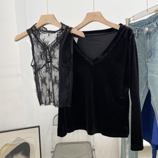 两件套纯欲性感透视蕾丝背心搭丝绒V领长袖 上衣