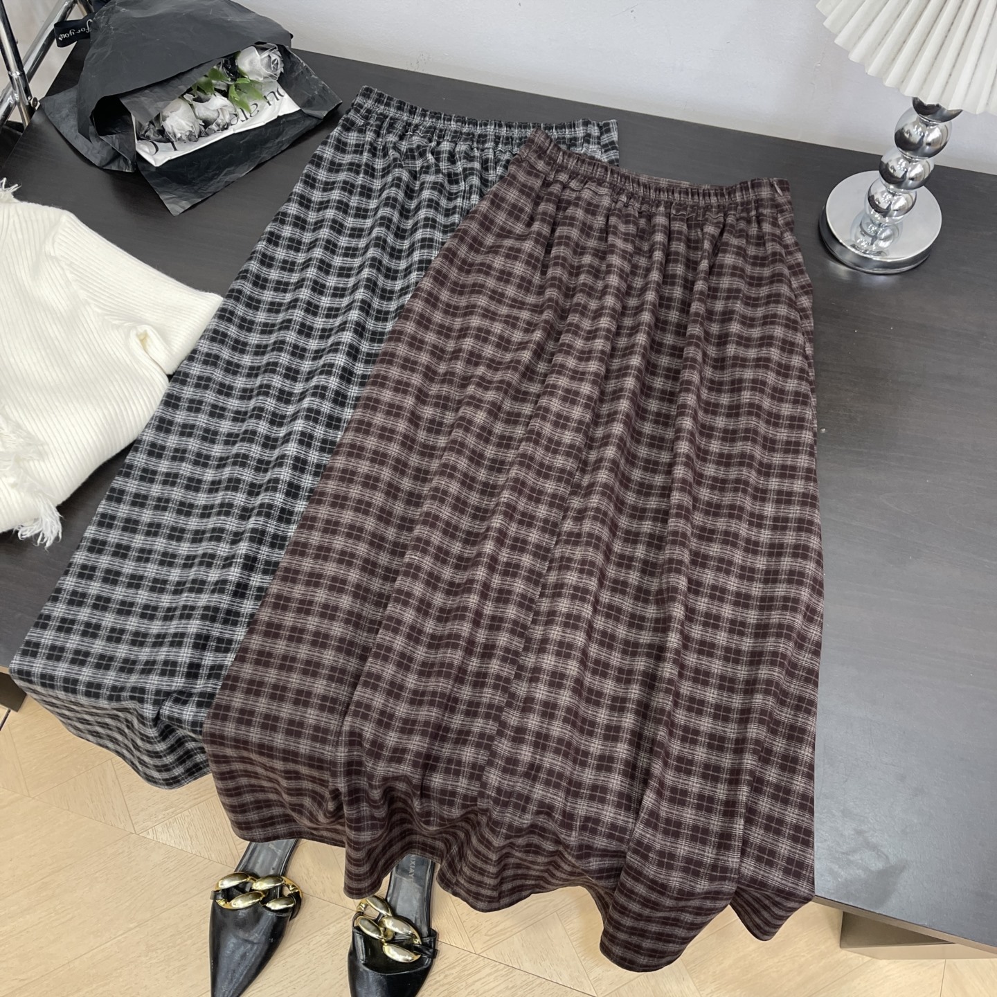 复古森系学院风格子百褶A字裙长款显高压褶裙半身裙L#7