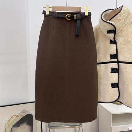 配腰带复古半身裙秋冬季新款开叉设计高腰显瘦女裙子 L#7