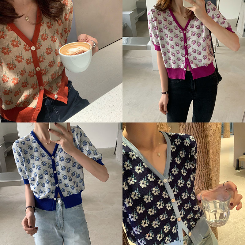 Real price 2021 new sweet retro V-neck floral knitted cardigan women's single breasted short sleeve fashion