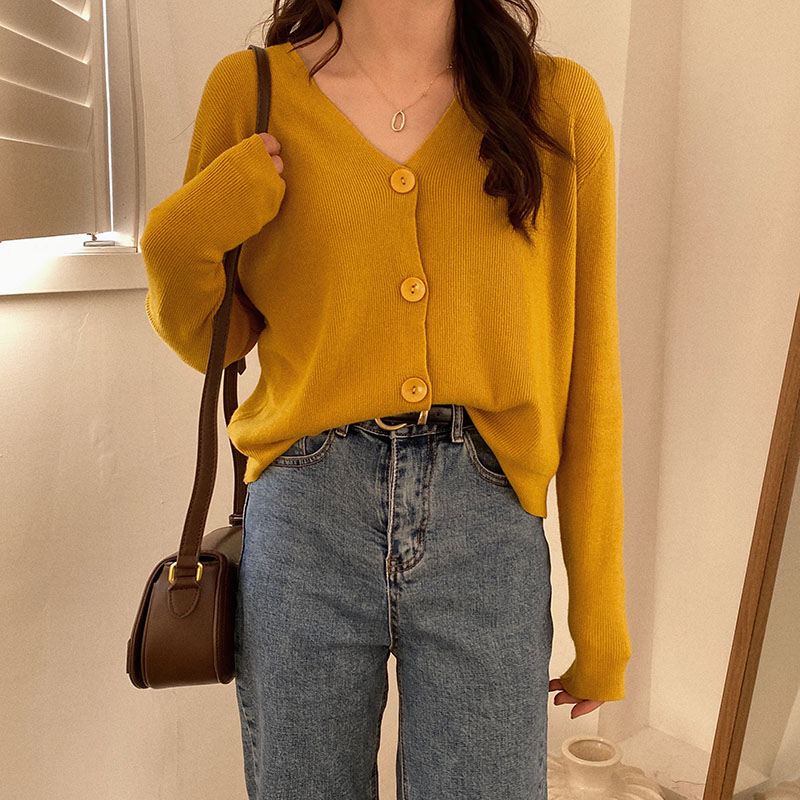 Real price Korean spring new vintage loose and versatile V-neck button cardigan