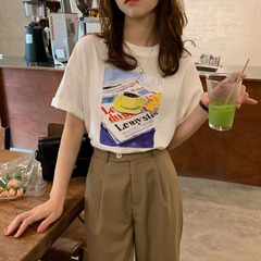 實拍實價 韓版夏季新款咖啡油畫印花白色圓領寬鬆T恤
