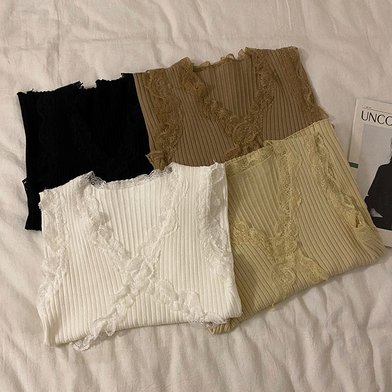 Real price 2021 Korean version retro lace stitching slim knit vest bottoming outerwear top