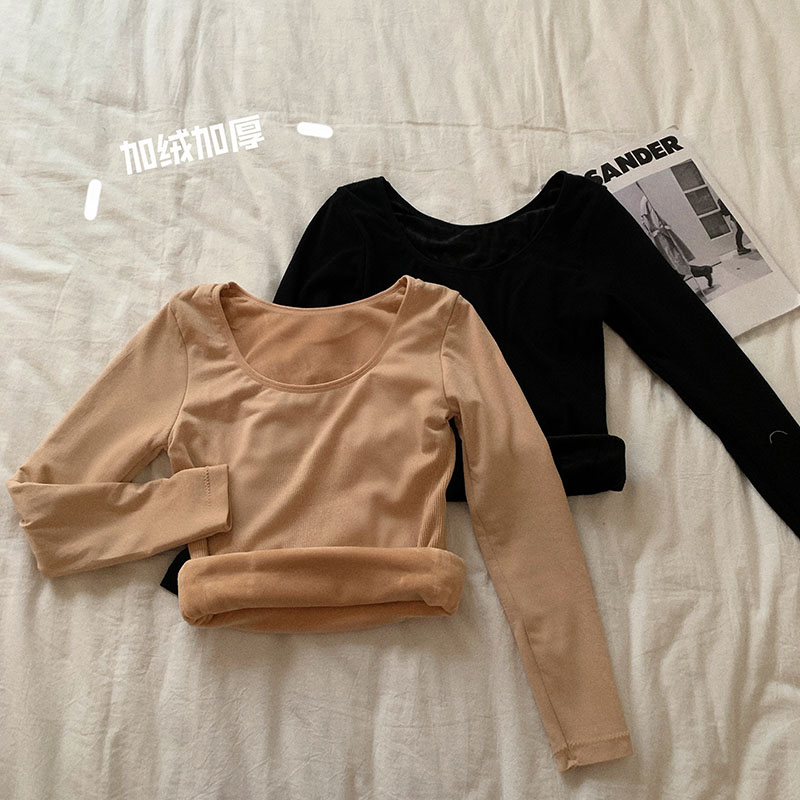 Real shot real price Korean version solid color thickened Plush thick round neck invisible warm long sleeve top