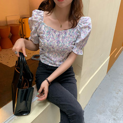 Real price Korean version new summer retro court style broken flower square collar waist slim lace shirt