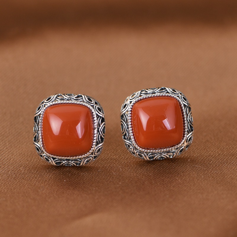 S925纯银复古工艺方形红玛瑙银耳钉小众设计民族风菱形轻奢简约款