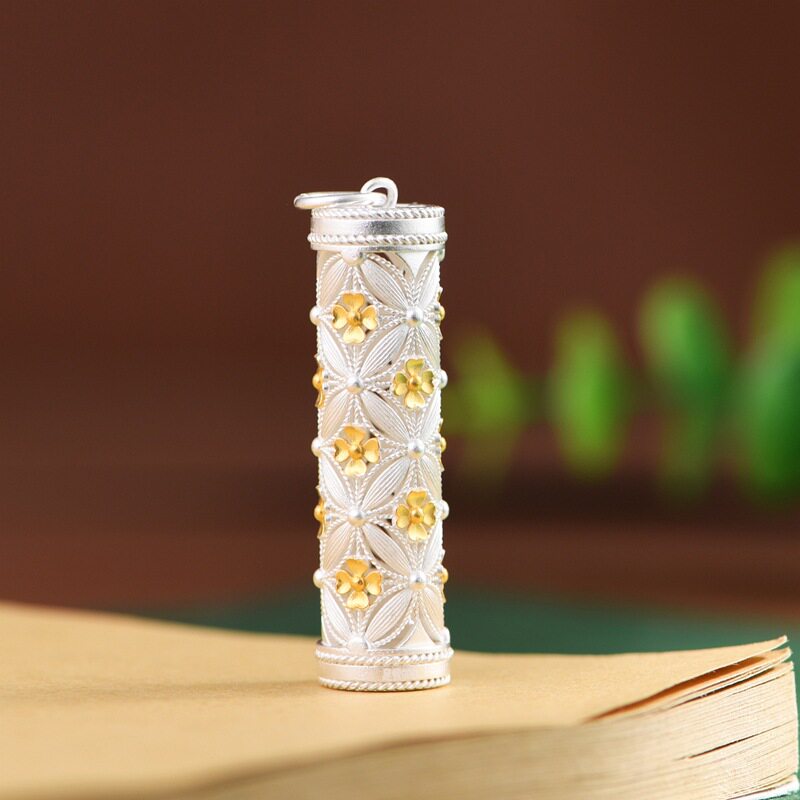 纯银描金工艺立体圆柱花丝项链坠