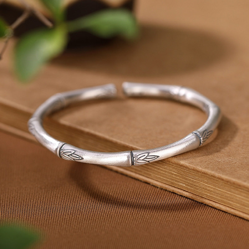 ANCIENT SILVER SHOP S999 PURE SILVER AGED MATTE BRACELET VINTAGE CHINESE STYLE BAMBOO LEAF LADIES BRACELET BRACELET