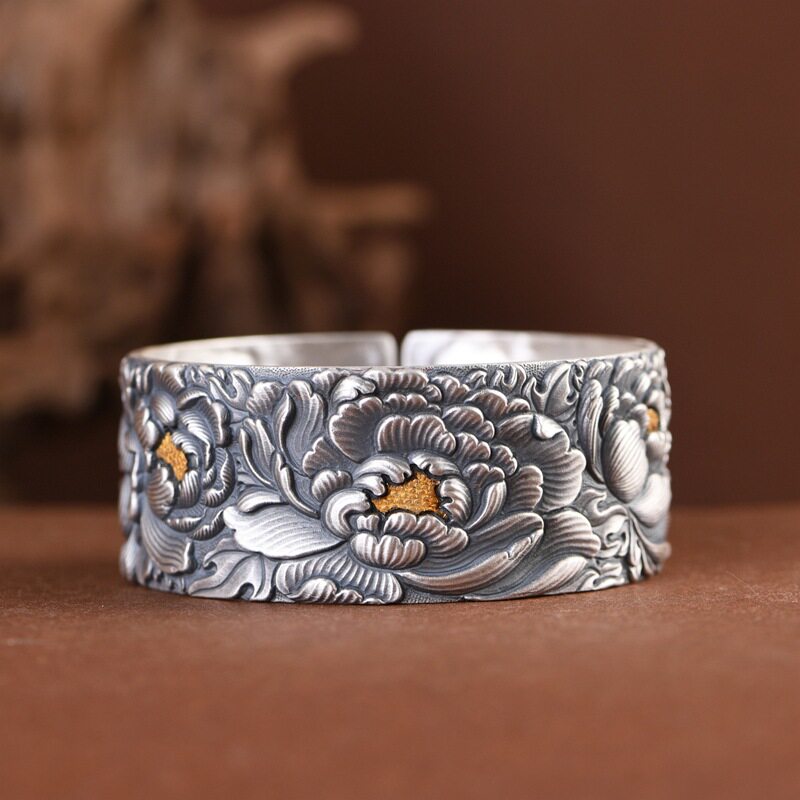 足银手镯手工金银错浮雕簪花工艺中式民族风小众设计宽版女士镯子