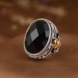 S925纯银男款黑玛瑙戒指大气简约设计时尚切面配石朋克风格银指环