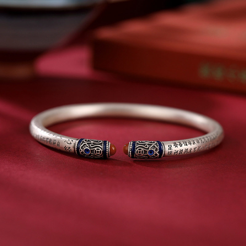 ANCIENT SILVER SHOP S999 FOOT SILVER CLOISONNE SOUTH RED AGATE HEART SUTRA AGED MATTE BRACELET RETRO OPENING MENS AND WOMENS BRACELETS
