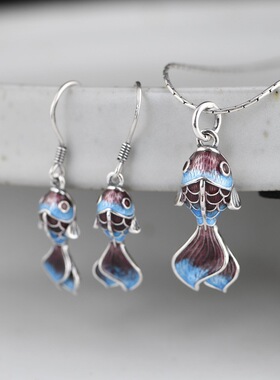 复古烧蓝工艺耳饰棉麻锦鲤吊坠