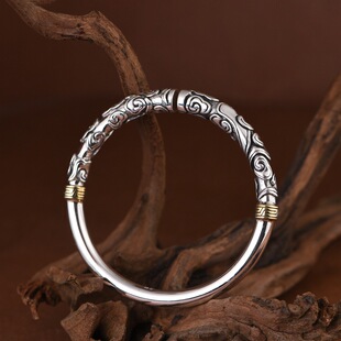 足银如意金箍棒手镯小众设计浮雕簪刻男款个性大气银饰送男友礼物