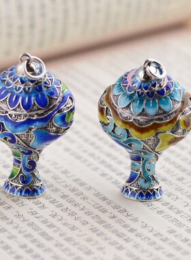 古银铺S925纯银景泰蓝工艺可打开吊坠女款中式文艺烧蓝嘎乌盒项坠