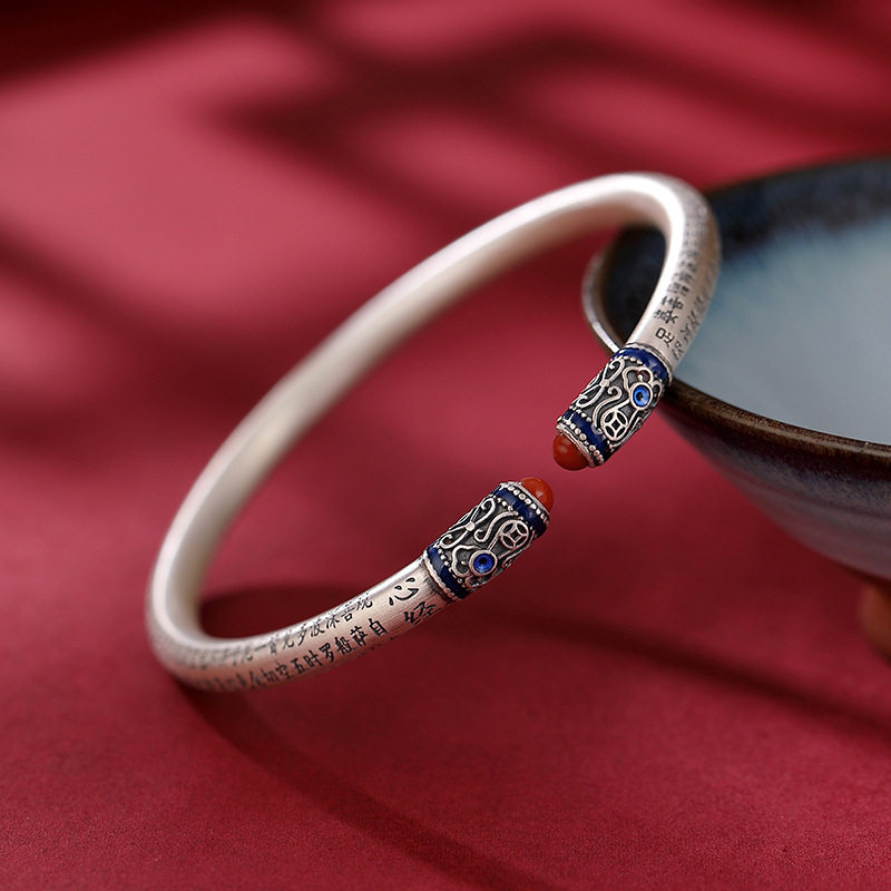 ANCIENT SILVER SHOP S999 FOOT SILVER CLOISONNE SOUTH RED AGATE HEART SUTRA AGED MATTE BRACELET RETRO OPENING MENS AND WOMENS BRACELETS