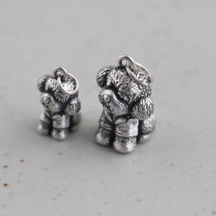 足银复古风哑光立体设计小狗可爱卡通款文艺编绳挂件银饰项链吊坠