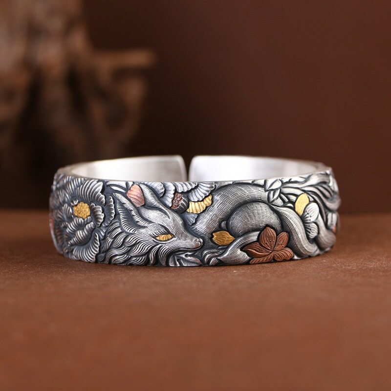 足银复古金银错工艺女款个性手镯