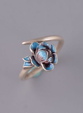 纯银复古风烧蓝工艺开口饰品戒指