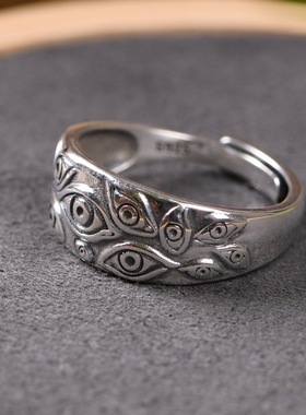 纯银小众设计男款眼睛时尚银戒指