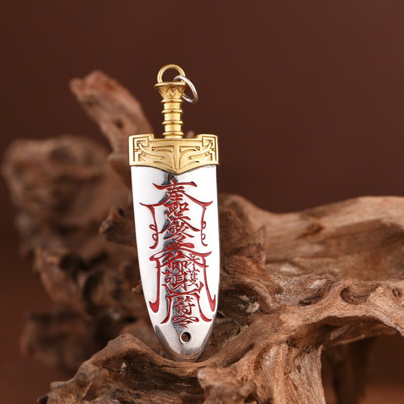 S925纯银男士吊坠复古工艺宝剑造型雨渐耳双面拼色男款项链坠挂件