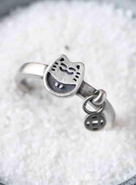 哑光银饰复古小花猫开口戒指