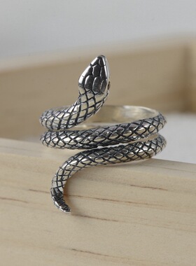 开口生肖蛇多圈复古银戒指