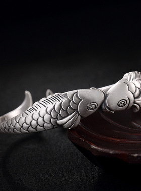 足银手镯复古工艺双鱼造型礼物女