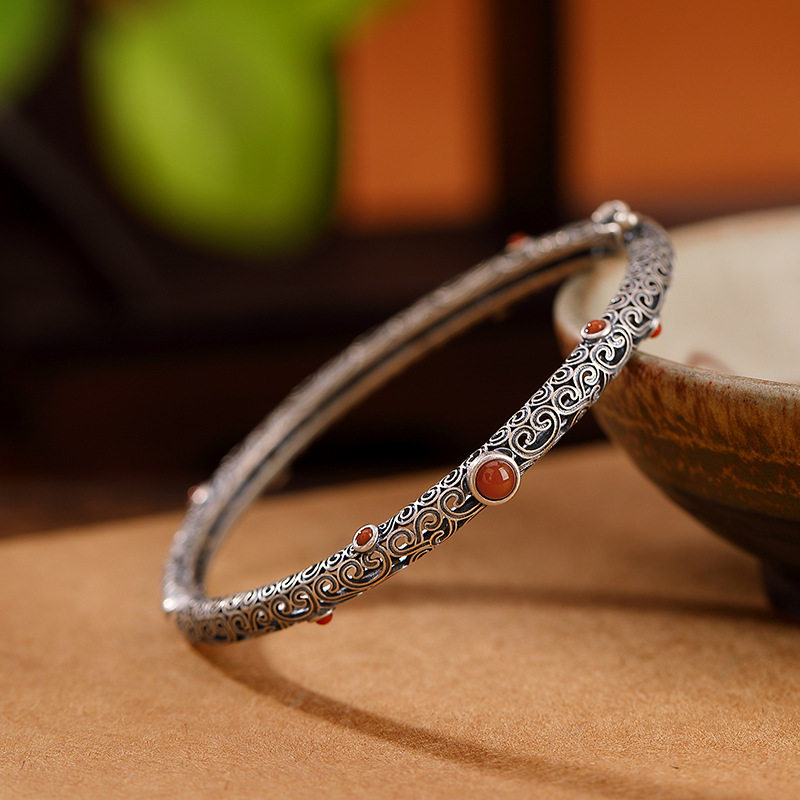 ANCIENT SILVER SHOP S  SOUTH RED NEW CHINESE STYLE NATIONAL TIDE AUSPICIOUS RUYI HOLLOW BRACELET RETRO PERSONALITY DISTRESSED BRACELET