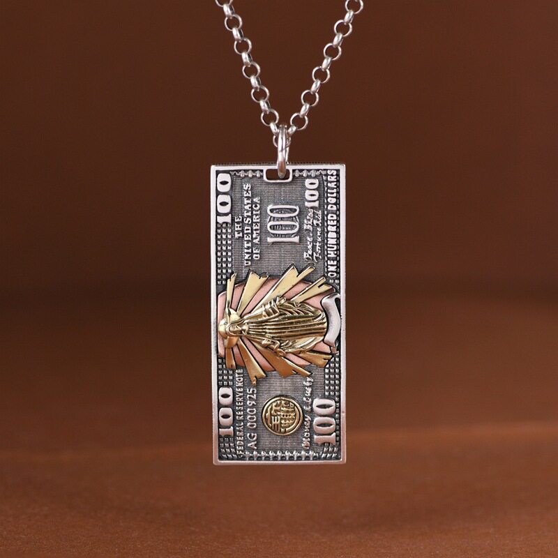 S925纯银吊坠复古做旧工艺男款时尚设计朋克钱币个性长方格项链坠