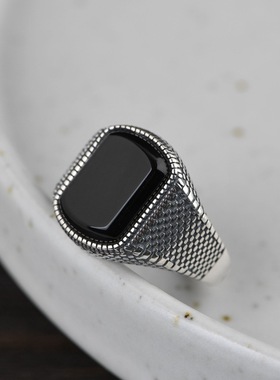 玛瑙开口银戒指方形复古工艺男款