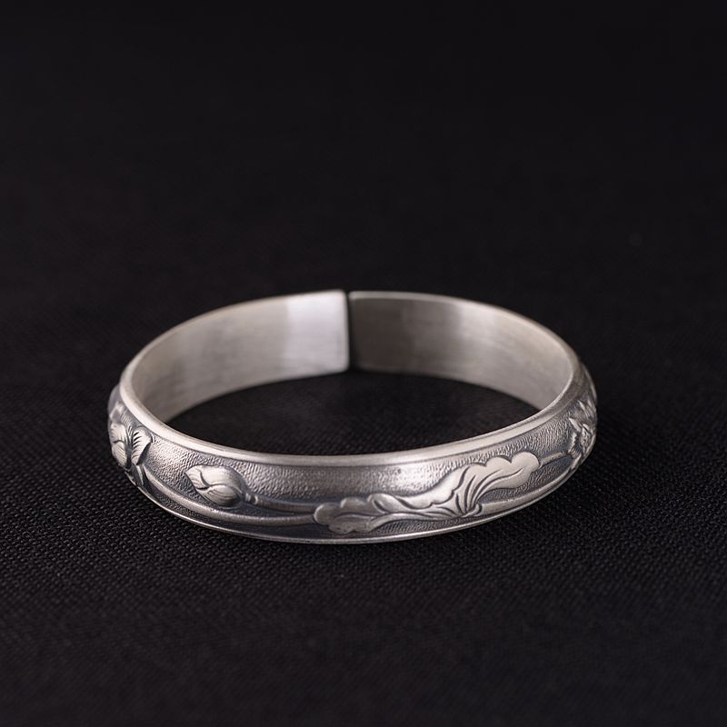 PURE SILVER 999 BRACELET WOMENS CHINESE LITERATURE AND ART RETRO ETHNIC STYLE RELIEF BUDDHIST LOTUS CHEONGSAM HANFU SILVER BRACELET