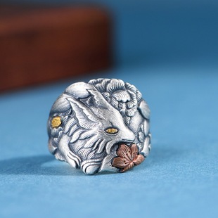 足银戒指复古手工金银错工艺国风女款浮雕錾刻小众设计开口银指环