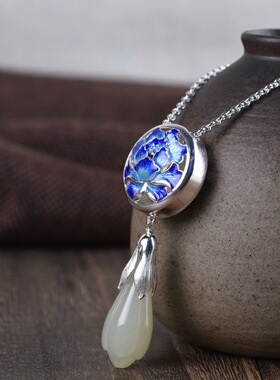 古银铺银民族风和田玉玉兰花吊坠