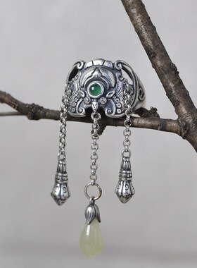 纯银开口长款古典流苏蝙蝠戒指