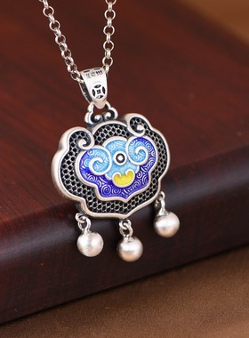 足银吊坠长命锁珐琅彩镂空女款