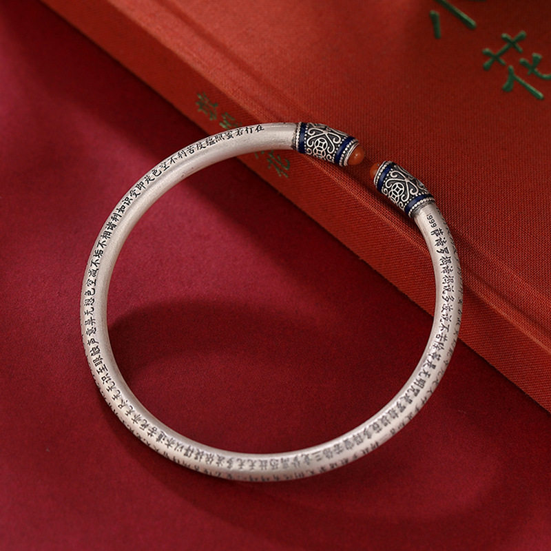 ANCIENT SILVER SHOP S999 FOOT SILVER CLOISONNE SOUTH RED AGATE HEART SUTRA AGED MATTE BRACELET RETRO OPENING MENS AND WOMENS BRACELETS
