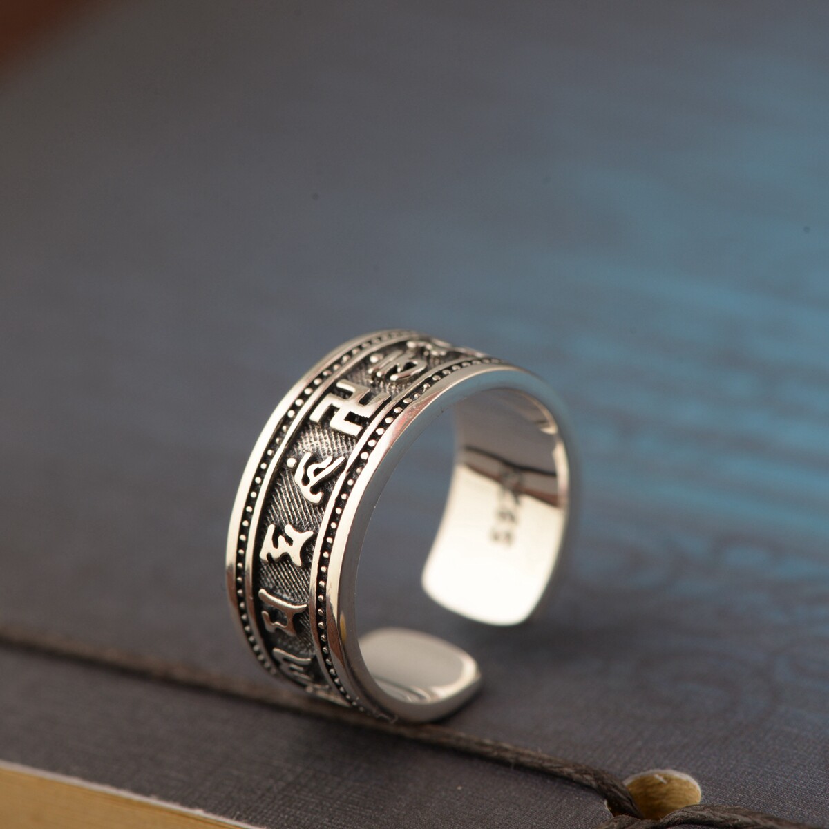 纯银戒指复古做旧工艺开口六字真言万字符女款指环小众设计简约款